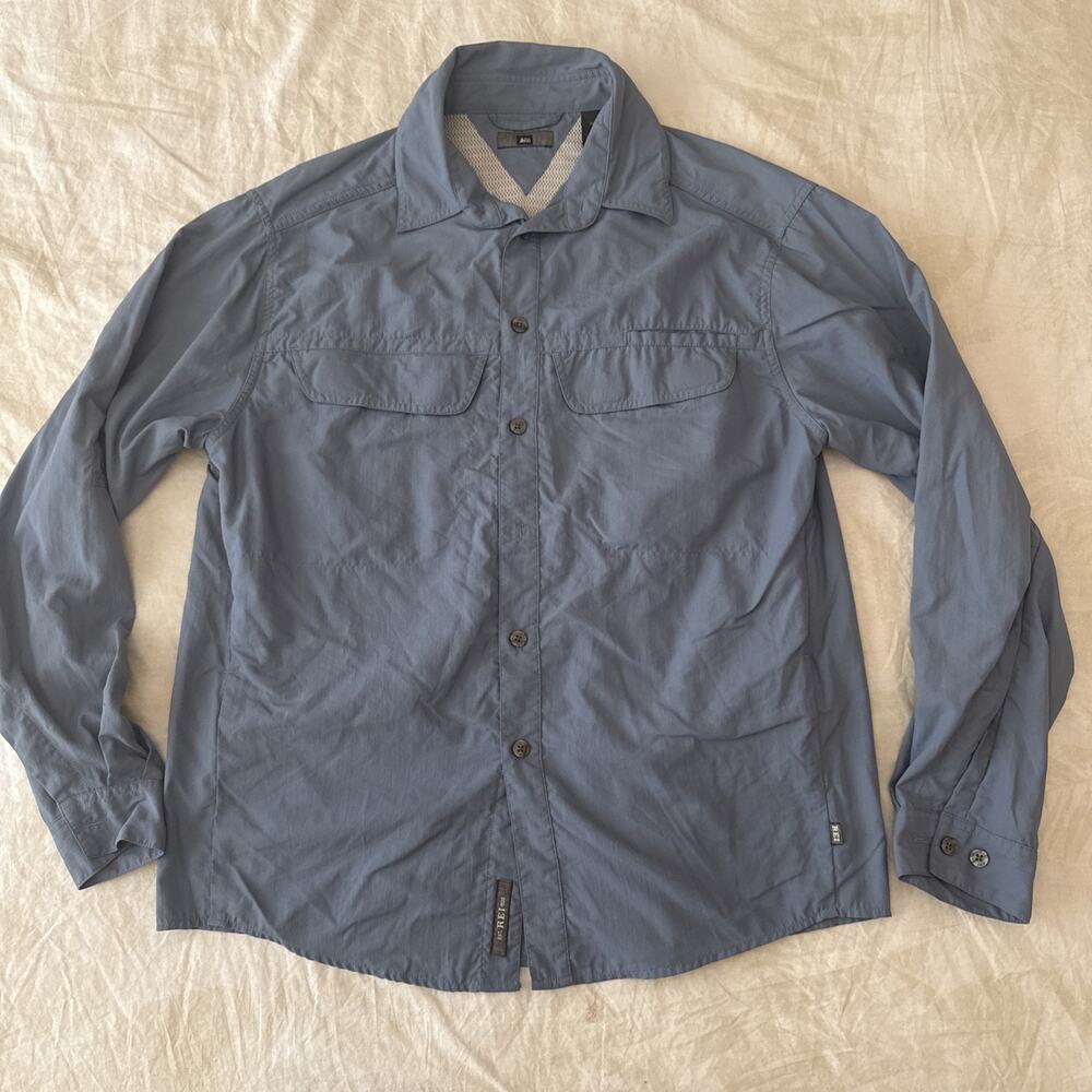 REI Mens Small Gray Blue Long Sleeve Nylon Fishing Hiking Vented Outdoor Shirt